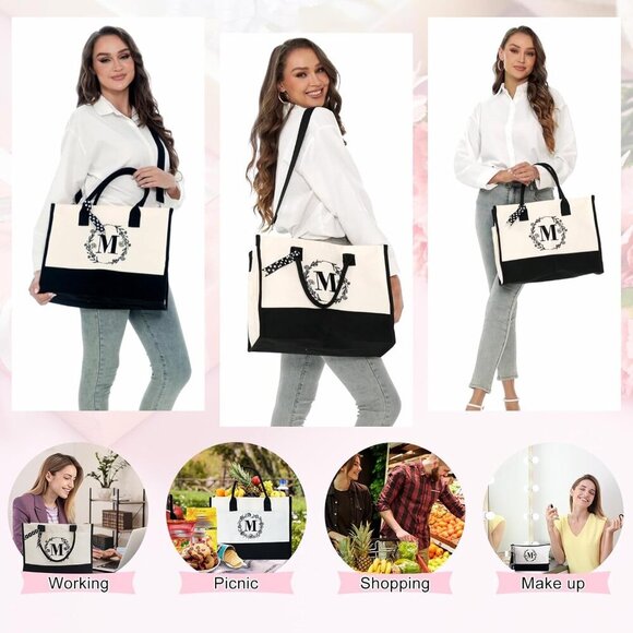 Personalized Canvas Tote Bag Women Large Durable Gift for Travel, Grocery - Picture 7 of 8